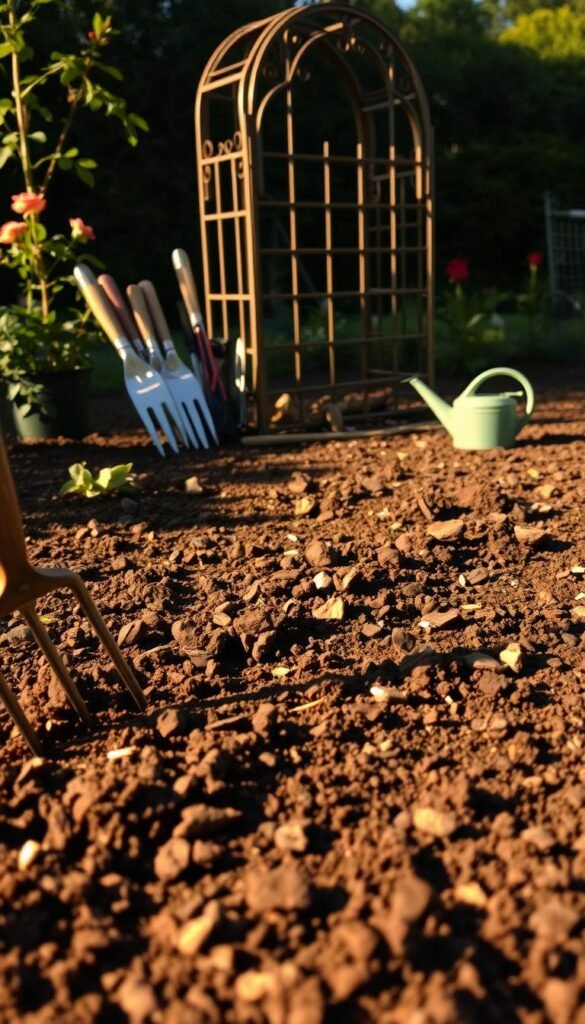 A lush garden bed, tilled and ready for rose planting. The foreground shows soil being turned over with a gardening fork, revealing rich, dark earth. Scattered throughout are small rocks and organic matter, signifying a nutrient-dense medium. The middle ground showcases a variety of gardening tools - trowels, pruners, and a watering can - hinting at the care and attention required. In the background, a picturesque wrought-iron trellis stands, its intricate silhouette casting soft shadows across the scene. Warm, golden sunlight filters through, creating a serene, tranquil atmosphere, perfect for cultivating a timeless rose garden.