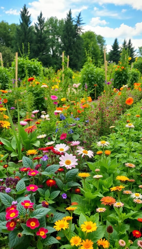 A lush garden bursting with diverse blooms and vegetables, arranged in a harmonious companion planting design. In the foreground, rows of leafy greens and vibrant flowers intermingle, attracting a symphony of buzzing pollinators. The middle ground showcases a variety of herbs and flowering plants, their petals swaying gently in a soft, natural light. In the background, a verdant backdrop of towering trees and wispy clouds sets the scene, creating a serene and inviting atmosphere. The overall composition conveys a sense of balance, productivity, and the beauty that emerges when nature's elements work in tandem.
