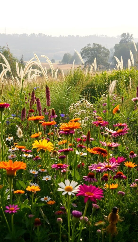 A lush garden bursting with diverse native flora, the foreground showcasing an array of vibrant blooms in a variety of shapes and colors - from delicate wildflowers to sturdy perennials. The middle ground features a mix of tall grasses and shrubs, creating a layered, naturalistic composition. In the background, a hazy, sun-dappled landscape with trees and rolling hills, conveying a sense of serene, pastoral beauty. The lighting is soft and diffused, casting a warm, golden glow over the scene. Captured with a wide-angle lens to emphasize the depth and grandeur of the native plant selection, this image evokes the joy and wonder of cultivating a pollinator-friendly garden.