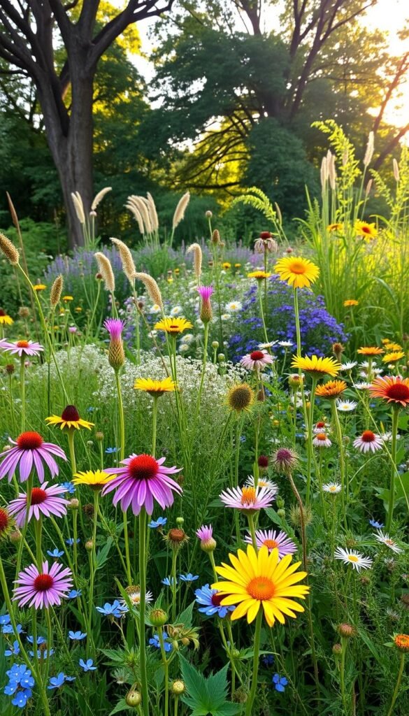 A lush garden bursting with native wildflowers, grasses, and shrubs. In the foreground, vibrant purple coneflowers, yellow sunflowers, and delicate blue forget-me-nots sway gently in the breeze. The middle ground features a diverse mix of native plants like pink milkweed, white yarrow, and feathery-leaved asters, creating a natural tapestry. In the background, a canopy of tall native trees, such as oak and maple, filters warm, golden sunlight onto the scene. The overall atmosphere is one of tranquility and harmony, showcasing how native plants can cultivate a thriving, resilient ecosystem that supports local wildlife.