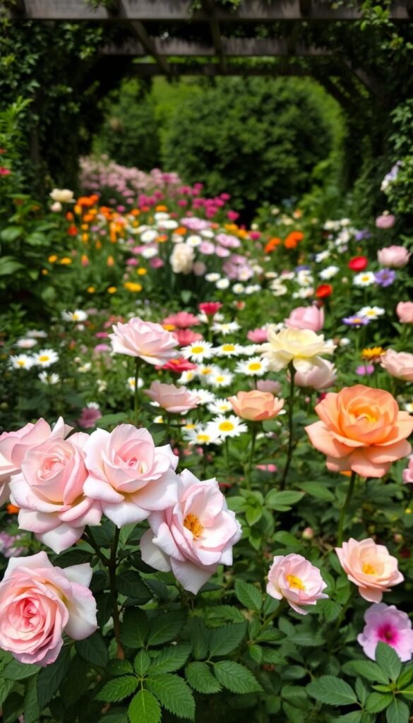 A lush garden bursting with vibrant colors, a harmonious blend of soft pastel hues and bold, vibrant tones. In the foreground, a mix of delicate rose blooms in shades of pink, lavender, and peach, their petals gently caressing each other. The middle ground features a tapestry of flowering plants, including cheerful daisies, velvety peonies, and verdant foliage that creates a sense of depth and richness. In the background, a shadowy arbor frames the scene, the interplay of light and shadow adding an ethereal quality. The overall composition evokes a sense of tranquility and timeless beauty, inviting the viewer to immerse themselves in the garden's serene ambiance.