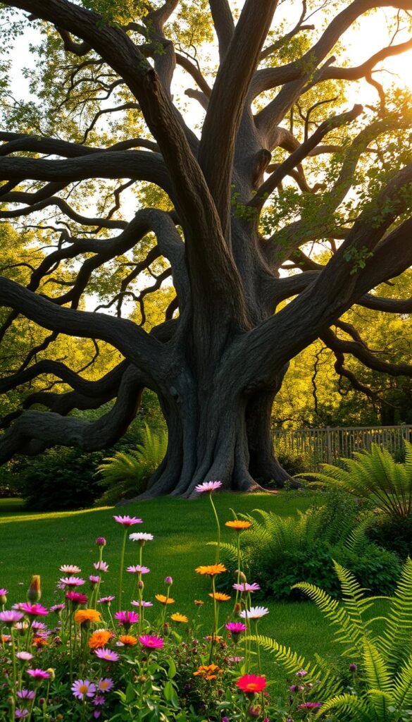 A lush garden in the soft light of golden hour, the focus on a mature, spreading oak tree. The tree's thick, gnarled trunk and sprawling branches create a natural canopy, casting dappled shadows on the verdant ground below. Explore the tree's form, examining its bark texture, branch structure, and leaf details. In the foreground, vibrant wildflowers and verdant ferns dot the scene, creating a whimsical, fairy-like atmosphere. Capture the essence of this perfect, naturalistic setting for a serene fairy garden, conveying a sense of wonder and tranquility.