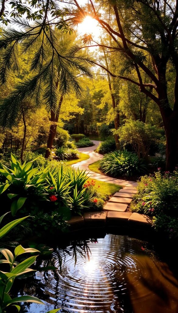 A lush garden oasis, bathed in warm golden sunlight filtering through delicate patterns cast by swaying foliage. In the foreground, a tranquil pond reflects the intricate play of light and shadow, its surface gently rippling with the flow of water. Verdant plants and flowers border the pond, creating a serene and harmonious ecosystem. In the middle ground, a well-designed pathway winds through the garden, inviting exploration. The background showcases mature trees and shrubs, their branches casting dynamic, organic shadows that dance across the scene. The overall atmosphere is one of peaceful coexistence, where the natural elements of sun, water, and vegetation work in harmony to cultivate an ideal microclimate for thriving plant life.
