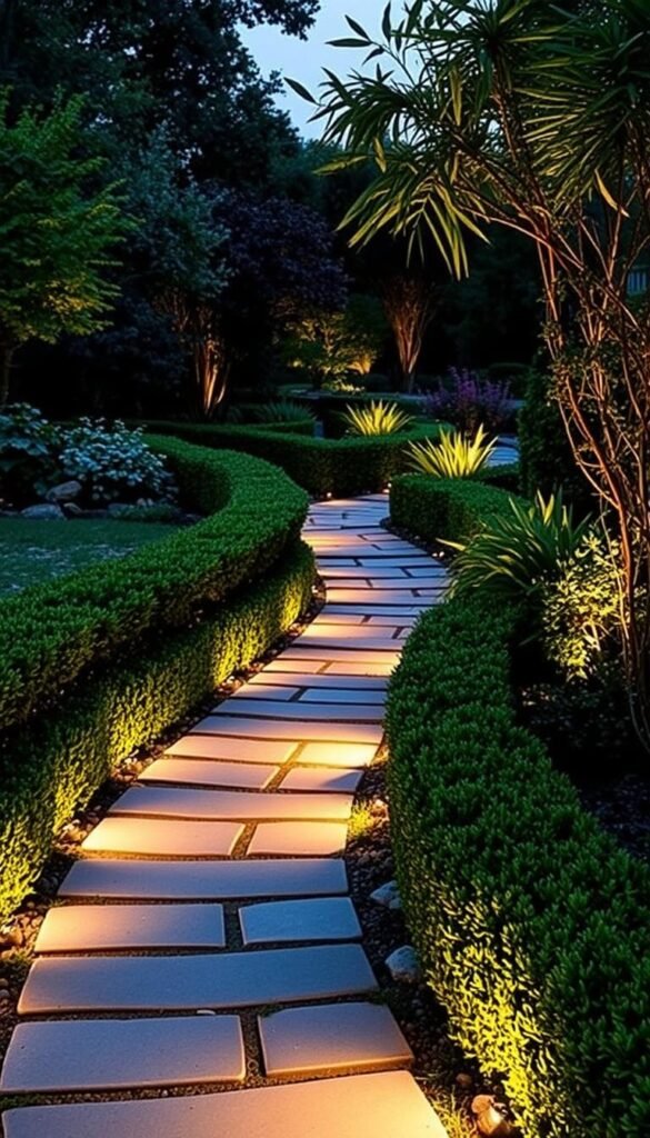 A lush garden path winds through a verdant landscape, its edges defined by neatly trimmed hedges and smooth river rocks. Soft, warm lighting cascades along the path, casting a gentle glow and creating an inviting atmosphere. Strategically placed spotlights illuminate ornamental plants and focal points, adding depth and visual interest. The path's subtle curves lead the eye forward, encouraging exploration and discovery. The overall composition exudes a sense of tranquility and elegant sophistication, perfectly complementing the theme of "Enhancing Visual Appeal with Edging, Lighting, and Plant Accents."