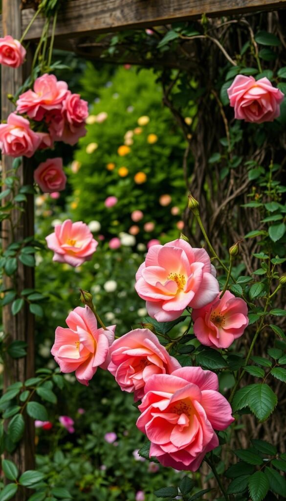 A lush garden scene featuring a cluster of hybrid shrub climbing roses, their vibrant blooms cascading gracefully over a rustic wooden trellis. The roses in the foreground are captured in soft, natural lighting, their velvety petals and delicate stamens rendered in exquisite detail. In the middle ground, the intertwining stems and verdant foliage create a romantic, tangled composition, leading the eye towards a blurred background of complementary perennial flowers and verdant greenery. The overall mood is one of tranquility and pastoral charm, evoking the essence of a quintessential English rose garden.