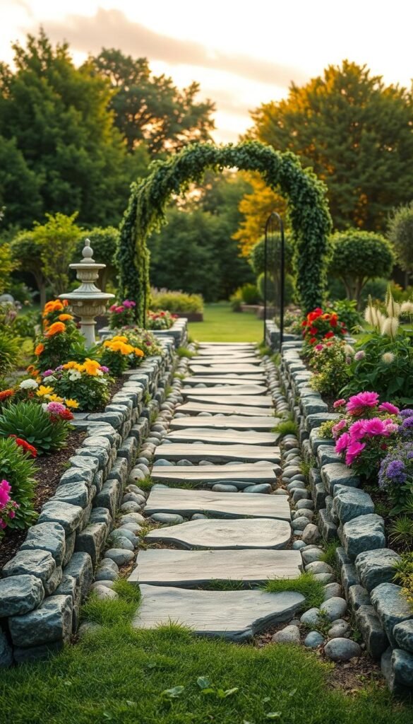 A lush garden scene showcasing a variety of unique edging materials forming a striking focal point. In the foreground, an ornate stone border outlines raised flower beds, its rugged texture contrasting with the soft, vibrant blooms within. Stepping stones of weathered wood and river rocks wind through the middle ground, leading the eye towards a central feature - a stunning wrought-iron archway adorned with cascading vines. The background depicts a verdant tree line, bathed in warm, golden light filtering through wispy clouds. The overall composition evokes a sense of tranquility and natural harmony, inviting the viewer to explore this enchanting garden oasis.
