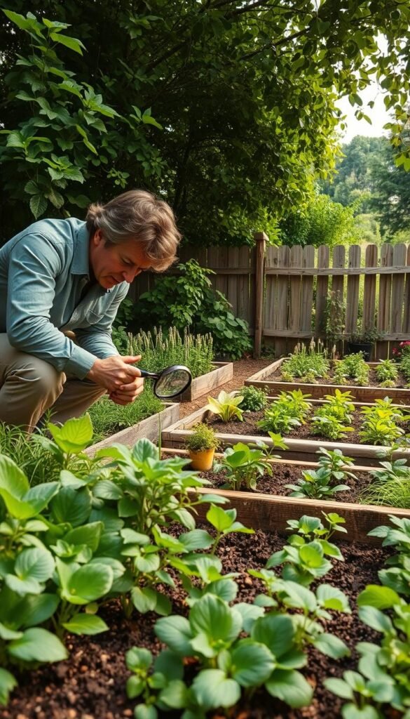 A lush garden scene with a meticulous observer carefully studying the intricacies of plant growth and soil conditions. In the foreground, a botanist kneels amidst verdant foliage, magnifying glass in hand, examining the vibrant colors and delicate textures of leaves and stems. The middle ground reveals neatly organized raised beds, each containing a diverse array of thriving vegetation, their patterns and interactions observed and cataloged. In the background, a weathered wooden fence frames the scene, while a warm, diffused natural light filters through the verdant canopy above, casting a serene and contemplative atmosphere.