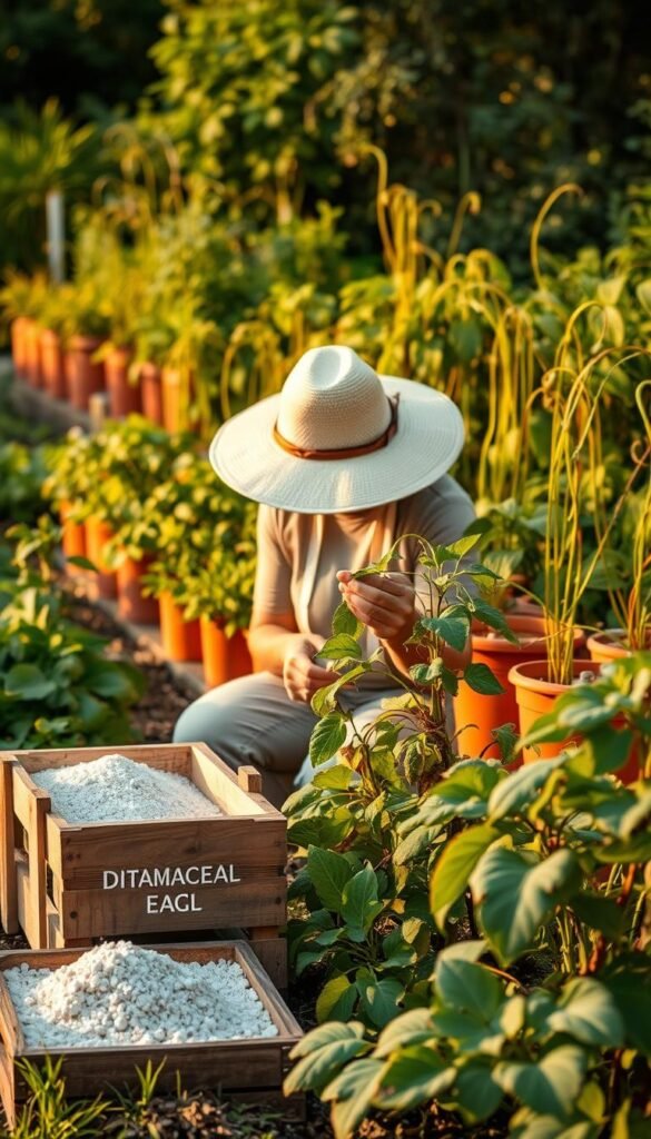 A lush garden setting, with a variety of organic pest control methods in the foreground. In the center, a person meticulously hand-picking pests from plant leaves, their face obscured by a wide-brimmed hat. To the left, a small wooden crate filled with diatomaceous earth, a natural insecticide. In the background, a row of terracotta pots containing carnivorous plants, their vibrant tendrils reaching towards the sun. The scene is bathed in warm, golden light, evoking a sense of traditional, sustainable gardening practices. The overall composition conveys a harmonious coexistence between humans, plants, and their natural defenses against common garden threats.