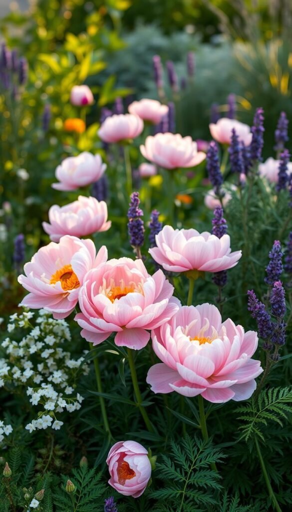 A lush garden setting with vibrant, full-bloom peonies as the focal point. Surrounding the peonies are complementary companion plants, such as delicate white-flowering candytuft, fragrant purple lavender, and verdant ferns adding texture and depth. Warm, diffused natural lighting casts a gentle glow, highlighting the delicate petals and creating a serene, idyllic atmosphere. The composition is balanced, with the peonies in the foreground, the companion plants in the middle ground, and a softly blurred background suggesting a naturalistic outdoor setting. The overall impression is one of harmony, beauty, and the perfect pairing of peonies with their ideal companion plants.