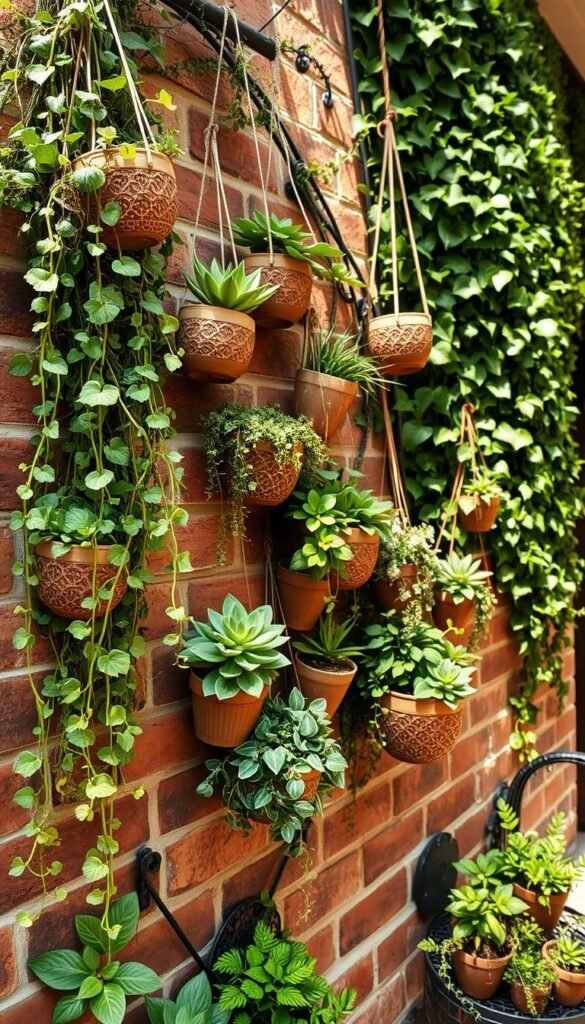 A lush, hanging garden adorning a rustic brick wall. In the foreground, cascading vines and trailing succulents spill from an array of intricate, handmade ceramic planters. The middle ground features a mix of potted foliage plants in varying shades of green, carefully arranged to create a layered, textural display. The background showcases a sun-dappled, ivy-covered wall, casting a warm, natural glow over the entire scene. The lighting is soft and diffused, accentuating the organic, earthy tones and creating a serene, inviting atmosphere. Captured with a wide-angle lens, the perspective emphasizes the depth and height of the vertical plant display, immersing the viewer in this cozy, verdant oasis.