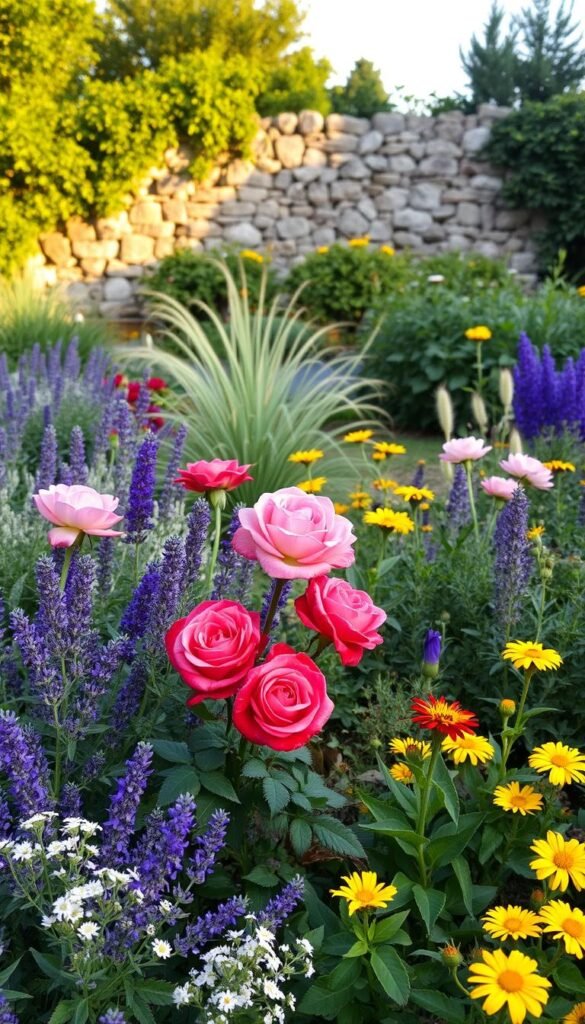A lush, harmonious arrangement of rose companions in a timeless garden scene. In the foreground, vibrant pink and red roses bloom amidst a tapestry of complementary perennials - cascading lavender, fragrant thyme, and delicate white alyssum. The middle ground features a diverse mix of textures and colors, including feathery ornamental grasses, bold purple salvia, and cheerful yellow marigolds. In the background, a picturesque stone wall and verdant foliage create a tranquil, natural backdrop, bathed in warm, golden afternoon light. The overall mood is one of enchanting beauty, balance, and timeless elegance.