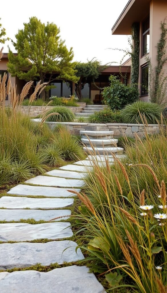 A lush, harmonious landscape where natural materials seamlessly integrate with architectural elements. In the foreground, a path of weathered stone meanders through a tapestry of native grasses and wildflowers. Midground features a low, stone retaining wall accented by cascading vines and trailing foliage. The background showcases a modern, minimalist home whose clean lines and warm, earthy tones complement the surrounding natural palette. Soft, diffused lighting bathes the scene, creating a tranquil, inviting atmosphere. The overall composition strikes a balance between man-made structure and the beauty of the natural world.