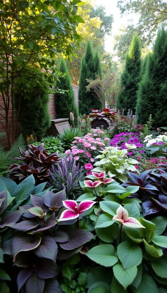 A lush, harmonious planting palette in a small, well-designed garden. In the foreground, a variety of complementary foliage plants - such as ferns, hostas, and caladiums - create a layered, textural tapestry. The middle ground features a mix of flowering perennials, their blooms in shades of pink, purple, and white, adding pops of color. In the background, a carefully chosen selection of evergreen shrubs and trees provide structure and year-round interest. Warm, diffused lighting filters through the canopy, casting a soft, natural glow over the scene. The overall composition is balanced, with a sense of depth and visual rhythm, creating an inviting and serene mini garden oasis.