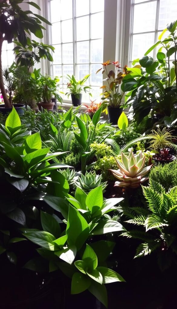 A lush indoor garden showcasing the contrast between full shade and partial sun plants. In the foreground, a cluster of leafy, low-light-loving plants like ZZ plants, Chinese evergreens, and philodendrons thrive in the deep shadows. The middle ground features a mix of partially shaded succulents and ferns, their varied textures and shades of green creating visual interest. In the background, a row of vibrant, sun-loving plants like tradescantia and peperomia bask in the gentle filtered light filtering through large windows. The overall scene conveys a sense of serene harmony, highlighting how different plants can coexist and complement each other in a shady, indoor setting.