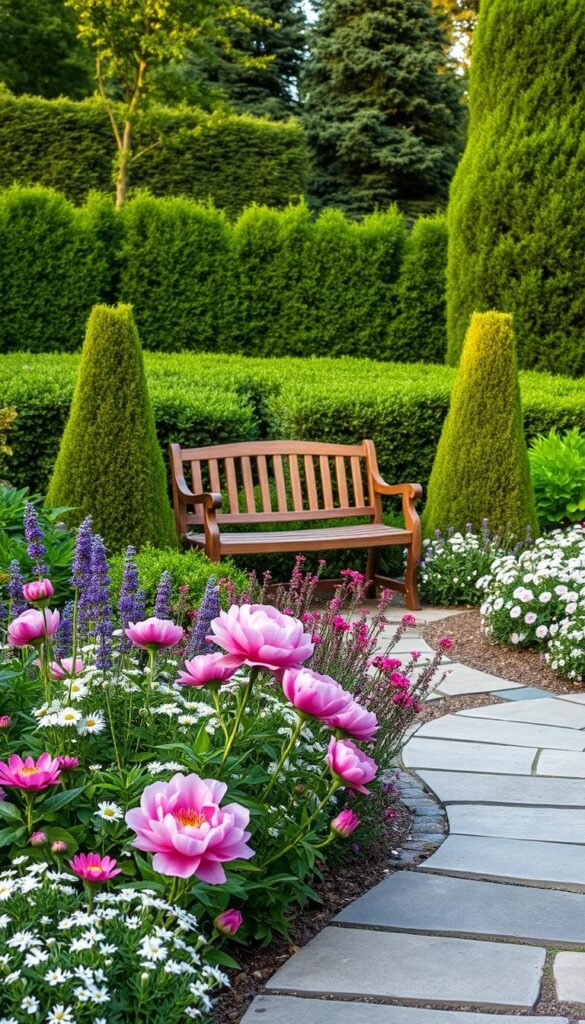 A lush, intimate focal point garden design featuring a gently curving stone path leading to a charming wooden bench nestled amidst an array of vibrant, fragrant blooms. The foreground showcases a mix of colorful perennials and annuals - pink peonies, lavender, and delicate white flowers - artfully arranged to draw the eye. In the middle ground, a pair of sculptural topiary shrubs flank the seating area, casting soft shadows. The background features a verdant, layered planting scheme of evergreen shrubs and trees, creating a cozy, secluded ambiance. Warm, diffused lighting filters through the foliage, evoking a serene, tranquil mood.