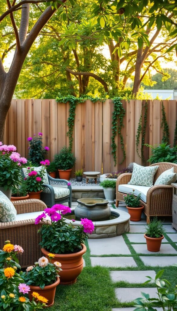 A lush, inviting backyard oasis on a modest budget. In the foreground, a cozy seating area with natural wicker furniture and plush cushions, surrounded by vibrant flowering plants in earthy terracotta pots. The middle ground features a small water feature, its gentle sounds creating a tranquil ambiance. In the background, an attractive wooden fence is adorned with cascading vines, blending the space with the natural environment. Warm, diffused sunlight filters through the trees, casting a soft, golden glow over the entire scene. The overall atmosphere is one of relaxation, comfort and affordable luxury.