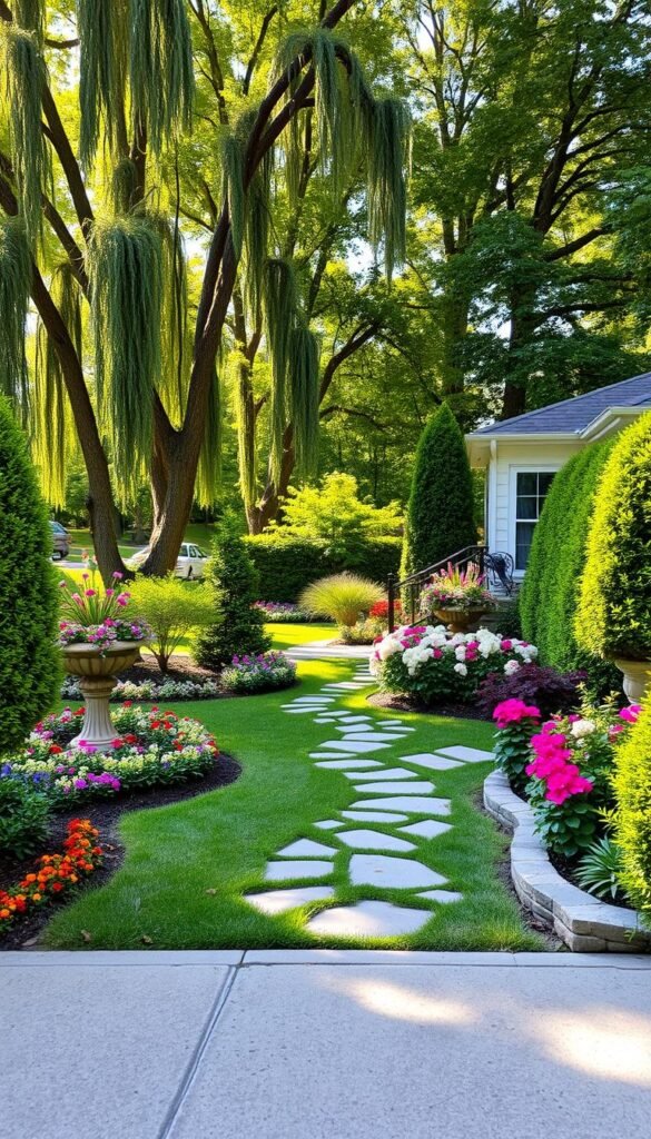A lush, inviting front yard landscape with a charming, welcoming atmosphere. In the foreground, a well-manicured lawn and vibrant, colorful flower beds frame a meandering stone pathway leading to the entrance. Tall, graceful trees and shrubs create a natural, verdant backdrop, filtered sunlight casting a warm, golden glow. Decorative planters overflow with cascading blooms, and a neatly trimmed hedge lines the property, adding structure and depth. The scene conveys a sense of harmony, balance, and attention to detail, inviting visitors to step inside and experience the beauty of this transformed front yard oasis.