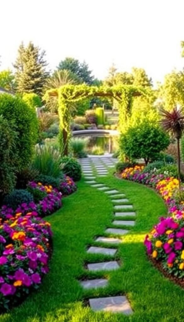 A lush, inviting garden layout showcasing essential design principles. In the foreground, a well-manicured lawn dotted with vibrant flower beds, their colors popping under warm afternoon sunlight. The middle ground features a meandering stone pathway leading to a charming pergola, draped with cascading vines. In the background, a serene pond reflects the surrounding foliage, complemented by a variety of strategically placed trees and shrubs. The overall composition exudes a sense of harmony, balance, and functionality, exemplifying the principles of essential garden design within a modest budget.