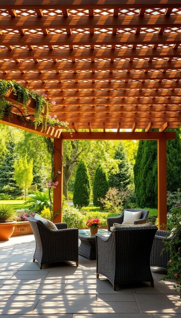 A lush, inviting outdoor living space with a stunning pergola as the centerpiece. The pergola's intricate lattice structure casts delicate shadows on the smooth stone patio below, creating a serene and intimate atmosphere. Trailing vines and blooming flowers adorn the sturdy wooden beams, adding pops of vibrant color and a touch of natural elegance. Comfortable wicker furniture is strategically placed, inviting guests to relax and unwind under the dappled sunlight filtered through the pergola's canopy. In the background, a verdant garden with towering trees and lush foliage creates a lush, peaceful backdrop, seamlessly blending the indoor and outdoor living areas. Warm, golden lighting illuminates the scene, evoking a cozy, tranquil ambiance perfect for alfresco dining, entertaining, or simply enjoying the beauty of the great outdoors.