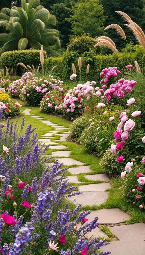 A lush, layered English garden scene, captured with a wide-angle lens. In the foreground, a vibrant carpet of perennial flowers - delicate lavender, bold fuchsias, and fragrant peonies - spilling over winding stone pathways. In the middle ground, a mix of elegant rose bushes in full bloom, their velvety petals catching the soft, warm light. Further back, tall, swaying grasses and billowing foliage create a natural, meandering backdrop, hinting at the verdant depths beyond. The overall atmosphere is one of tranquility and timeless beauty, evoking the essence of a classic English garden aesthetic.
