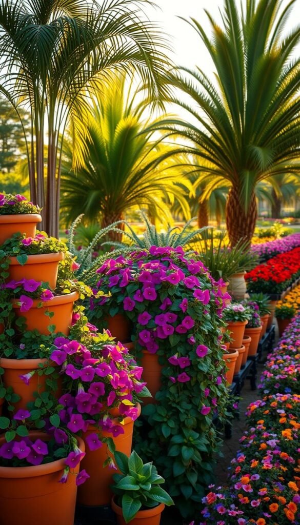 A lush, layered arrangement of terracotta pots, cascading vines, and vibrant flowers bathed in warm, golden sunlight. In the foreground, a mix of trailing petunias, fuchsias, and ivy spill over the edges of a cluster of tiered planters. In the middle ground, towering potted palms and elegant ferns create a verdant, tropical backdrop. In the distance, a row of colorful annuals line the edges of the display, adding depth and dimension. Captured with a wide-angle lens to emphasize the sense of depth and layering, this scene exudes a serene, inviting atmosphere perfect for a potted flower garden.