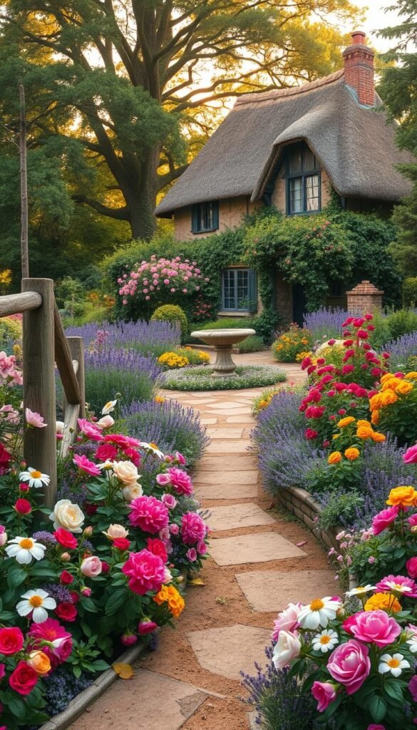 A lush, layered cottage garden overflowing with a vibrant tapestry of blooms. In the foreground, a meandering path winds through a riot of colorful perennials - peonies, delphiniums, and old-fashioned roses cascading over a rustic wooden fence. The middle ground features a weathered stone birdbath surrounded by a flowing sea of lavender, thyme, and chamomile. In the background, a quaint thatched-roof cottage nestled amidst towering trees casts a warm, golden glow across the scene. Soft, diffused natural light filters through the canopy, lending an ethereal, romantic atmosphere to this enchanting, timeless tableau.
