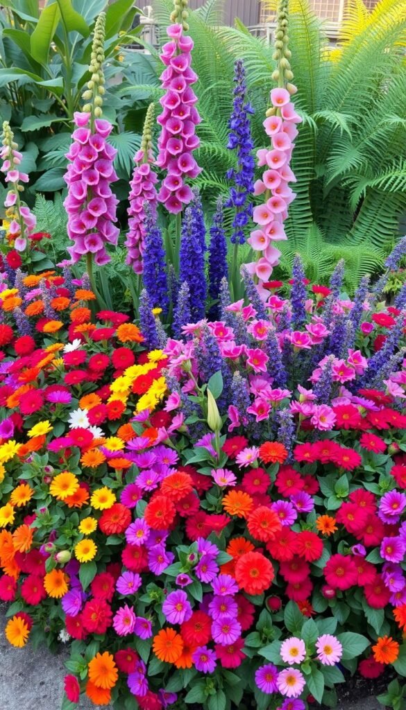 A lush, layered flower bed design with an intricate arrangement of vibrant blooms. In the foreground, a colorful mix of petunias, marigolds, and zinnias cascade over the edges, creating a cascading, spilling effect. The middle ground features towering delphiniums and tall, stately hollyhocks in shades of purple and pink, interspersed with fragrant lavender. In the background, a backdrop of verdant foliage, including feathery ferns and lush, glossy leaves, provides depth and texture. The scene is illuminated by warm, soft lighting, casting a gentle glow over the entire composition. Captured from a slightly elevated angle, the overall design conveys a sense of abundance, creativity, and harmony within a compact, intimate garden space.