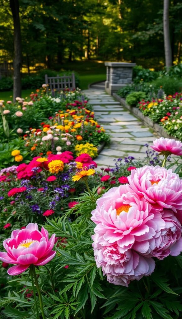 A lush, layered garden bed with cascading peony blooms in the foreground, surrounded by a vibrant mix of complementary perennials in the middle ground. The background features a meandering stone path leading through a tranquil woodland setting, dappled with soft, warm lighting. The overall composition exudes a sense of depth, texture, and harmonious color palette, creating a visually striking and inviting scene for the peony garden.