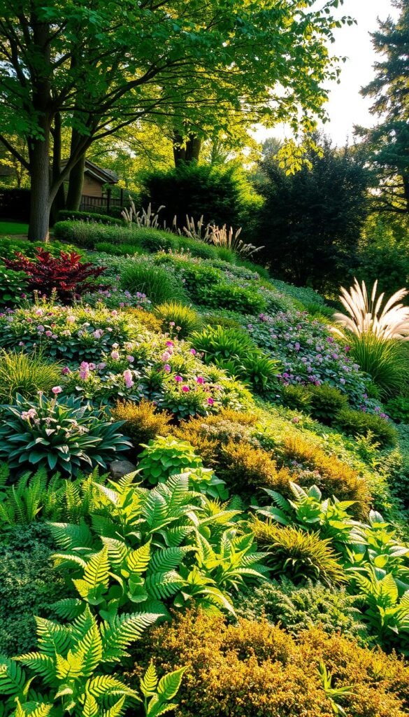 A lush, layered garden cascading down a gentle slope, basking in warm, golden light. In the foreground, vibrant foliage of ferns, hostas, and groundcover plants create a soft, textured tapestry. Midway, a mix of flowering perennials and ornamental grasses sway gracefully, their delicate blooms and feathery plumes adding depth and movement. In the background, mature trees and shrubs frame the scene, their verdant canopies casting gentle shadows and lending an air of tranquility. The overall composition evokes a sense of natural harmony, where each layer seamlessly blends into the next, forming a visually captivating and serene landscape.