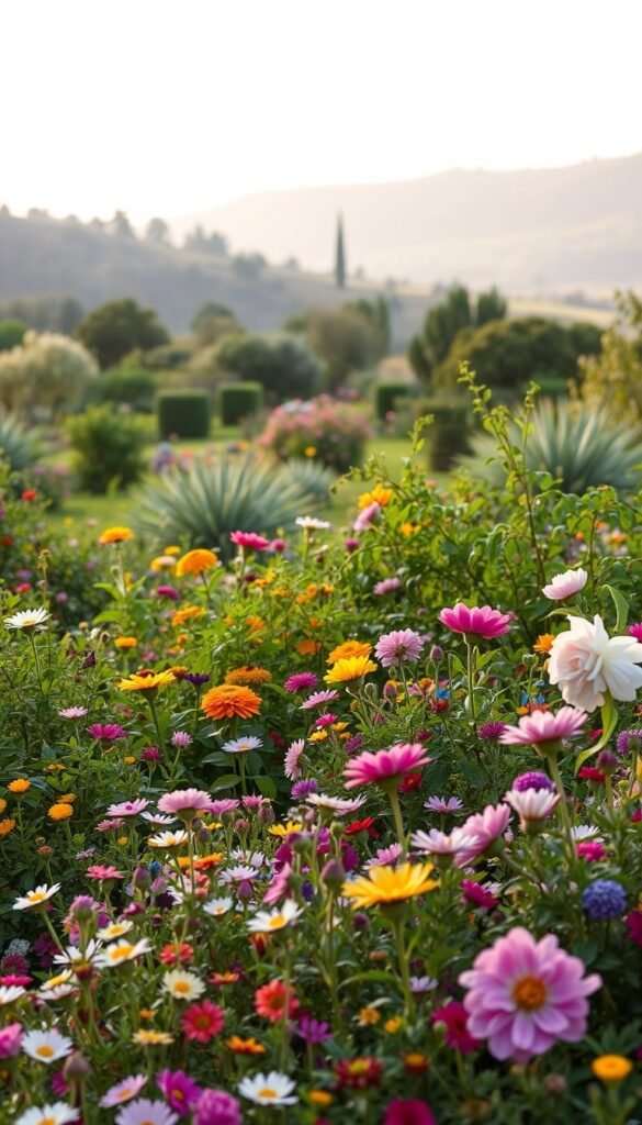 A lush, layered garden scene with a vibrant foreground of colorful blooms in a variety of shapes and sizes, including delicate wildflowers, bold peonies, and cascading vines. The midground features a mix of leafy shrubs and small trees, creating a sense of depth and dimension. In the background, a gently rolling hillside is bathed in soft, diffused lighting, adding an ethereal quality to the landscape. The composition is balanced and harmonious, with a natural, organic flow that draws the viewer's eye deeper into the scene. The overall mood is one of tranquility and beauty, perfectly capturing the essence of an expertly designed layered planting garden.