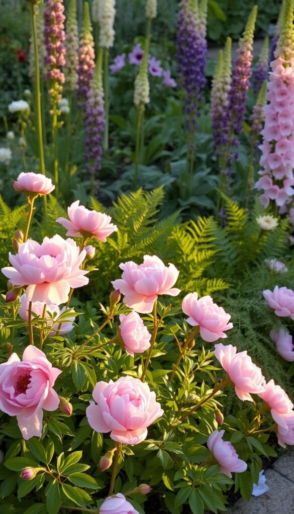 A lush, layered plant bed in a romantic garden setting. In the foreground, delicate pink flowers like peonies and garden roses cascade gracefully, their petals softly illuminated by warm, golden sunlight. In the middle ground, leafy ferns and trailing vines add depth and texture, their verdant hues complementing the blossoms. The background features a mix of taller, upright plants like foxgloves and delphiniums, creating a sense of height and visual interest. The overall scene is bathed in a dreamy, diffused light, evoking a feeling of tranquility and charm.