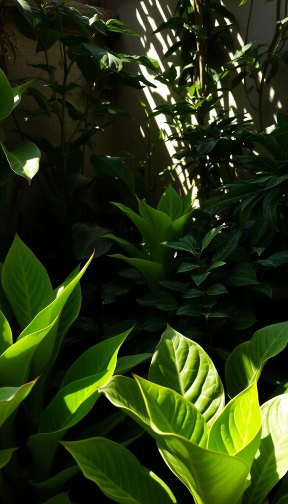 A lush, low-light garden with bold, sculptural foliage plants in the foreground. The middle ground features a variety of unique leaf textures and shapes, creating an intriguing visual contrast. In the background, a play of light and shadow casts a warm, moody atmosphere, accentuating the rich greens and subtle hues of the plants. The composition emphasizes the dynamic interplay of form, texture, and lighting, capturing the essence of a shady, yet visually captivating corner.