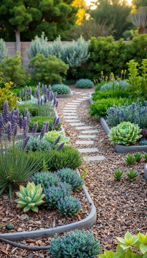 A lush, low-maintenance garden featuring a variety of resilient, drought-tolerant plants. In the foreground, a mix of succulents and hardy perennials like lavender, rosemary, and sedum cascade gracefully over the edges of raised garden beds with organic mulch. The middle ground showcases a small, meandering path winding through the beds, inviting exploration. In the background, a backdrop of native shrubs and trees provide a serene, natural ambiance, bathed in warm, golden-hour lighting that casts soft shadows across the scene. The overall composition exudes a sense of effortless beauty and tranquility, perfect for a relaxing backyard retreat.