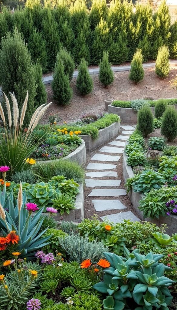 A lush, low-maintenance garden oasis set against a backdrop of soft, warm lighting. In the foreground, a carefully curated arrangement of drought-tolerant succulents, ornamental grasses, and vibrant flowers. The middle ground features raised garden beds filled with bountiful leafy greens and herbs, effortlessly cascading over the edges. Winding stone pathways invite exploration, leading the eye through the serene landscape. The background showcases a harmonious blend of evergreen shrubs and small, neatly trimmed trees, casting gentle shadows and creating a sense of depth. Subtle textures, muted color palettes, and a tranquil atmosphere evoke a feeling of low-effort, high-impact garden design.