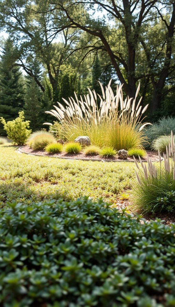 A lush, low-maintenance landscape design with a serene, natural atmosphere. In the foreground, a mix of drought-tolerant ground cover plants such as thyme and sedum, creating a soft, textured carpet. The middle ground features a carefully curated arrangement of native shrubs and ornamental grasses, providing visual interest and minimal upkeep. In the background, a backdrop of mature trees casts gentle, dappled sunlight, creating a peaceful, contemplative ambiance. The scene is photographed with a wide-angle lens, capturing the harmonious integration of the various design elements. The overall mood is one of tranquility and effortless beauty, showcasing a sustainable, low-maintenance approach to outdoor living.