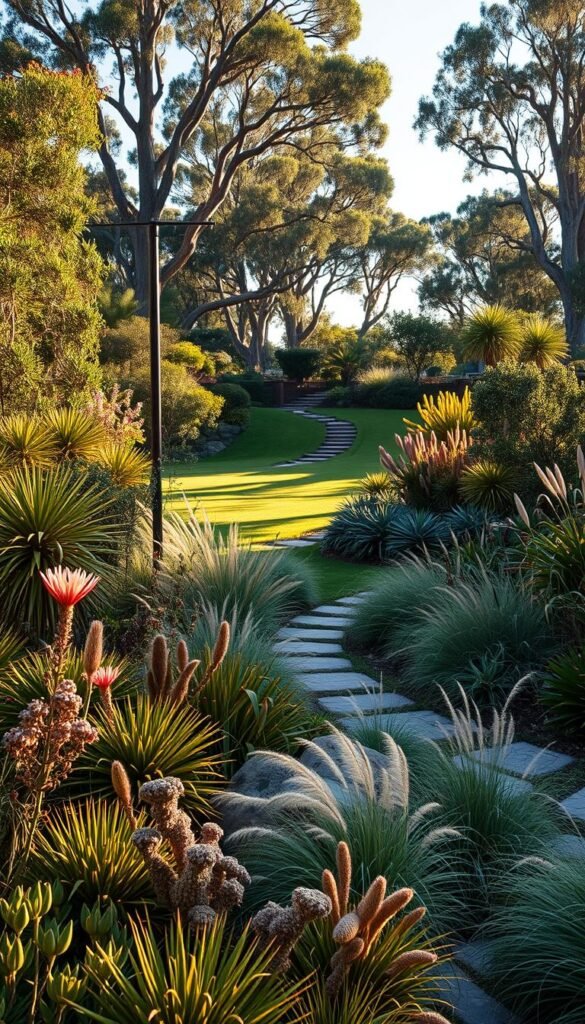 A lush, low-maintenance native garden oasis, bathed in warm afternoon light. In the foreground, a mix of hardy, drought-tolerant Australian plants like Grevillea, Banksia, and Xanthorrhoea create a naturalistic, cascading tapestry. The middle ground features meandering garden paths lined with soft, wispy Lomandra grasses, leading the eye towards a gently sloping lawn area. Towering gum trees form the background, casting dappled shadows that dance across the scene. The overall atmosphere is one of effortless elegance and tranquility, showcasing the beauty and resilience of Australia's native flora.