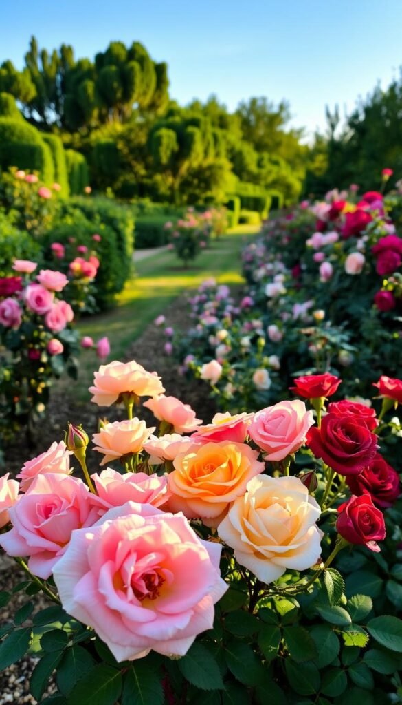 A lush, manicured garden showcasing a side-by-side comparison of exquisite rose varieties. In the foreground, a carefully curated display of blooms in a range of colors, from delicate pastel hues to deep, velvety tones. Backlighting creates a warm, golden glow, accentuating the intricate petals and velvety textures. The middle ground features a diverse array of rose bushes, each with its unique growth habit and foliage. In the background, a serene, out-of-focus backdrop of verdant foliage and a clear, azure sky. The overall scene exudes a sense of tranquility and timeless elegance, inviting the viewer to appreciate the beauty and diversity of these classic garden icons.