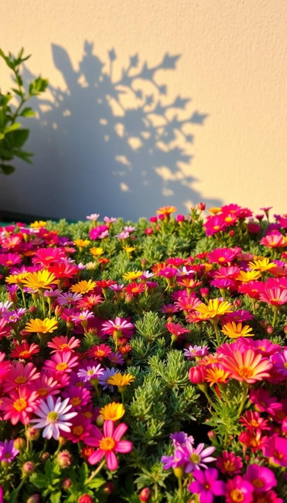 A lush, meticulously arranged miniature garden bursting with vibrant, textural blooms. In the foreground, a riot of colorful flowers - delicate petals, fuzzy stamens, and velvety foliage - fill the frame. The middle ground features a carefully curated mix of compact, low-growing plants, their leaves and stems creating intricate patterns and contrasting hues. In the background, a simple, neutral backdrop allows the garden's visual riches to shine, illuminated by warm, diffused natural lighting that casts soft shadows. The overall composition conveys a sense of harmony, density, and visual delight within a confined, intentionally designed space.