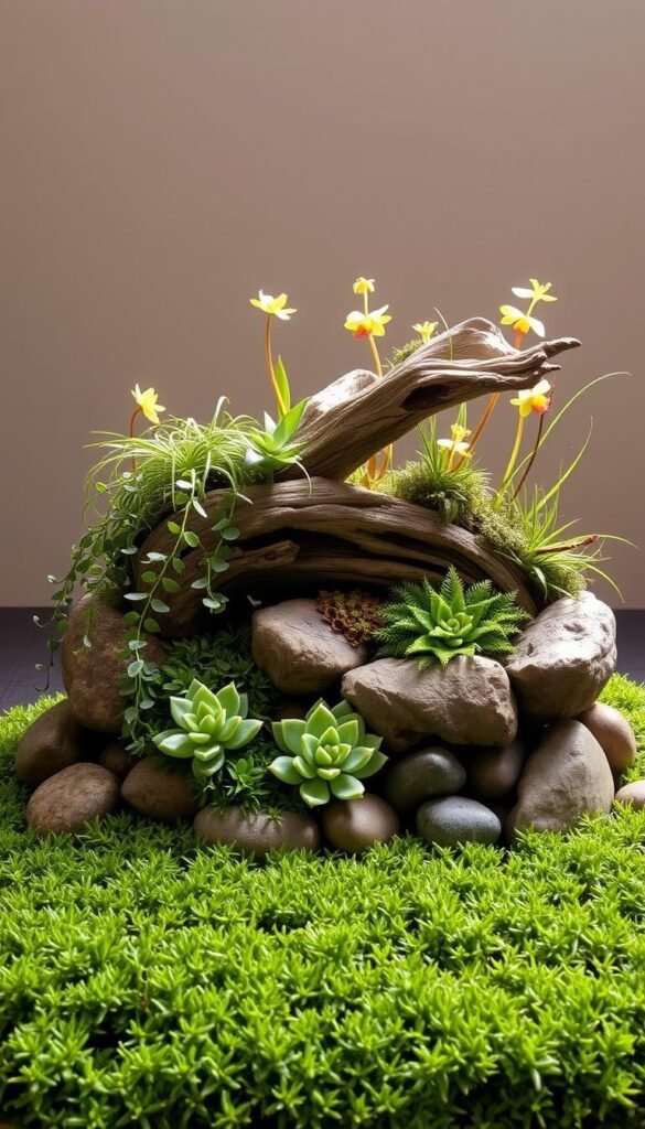 A lush, meticulously curated dish garden composition. In the foreground, a mossy carpet frames a collection of smooth river rocks and succulent rosettes. Cascading ferns and trailing ivy create a layered, sculptural arrangement, leading the eye to the midground where delicate air plants and miniature orchids cling to weathered driftwood. Backlighting filters through the foliage, casting a warm, ethereal glow and accentuating the textures. The overall scene conveys a sense of tranquility and natural harmony, inviting the viewer to pause and appreciate the simple beauty of this layered botanical display.