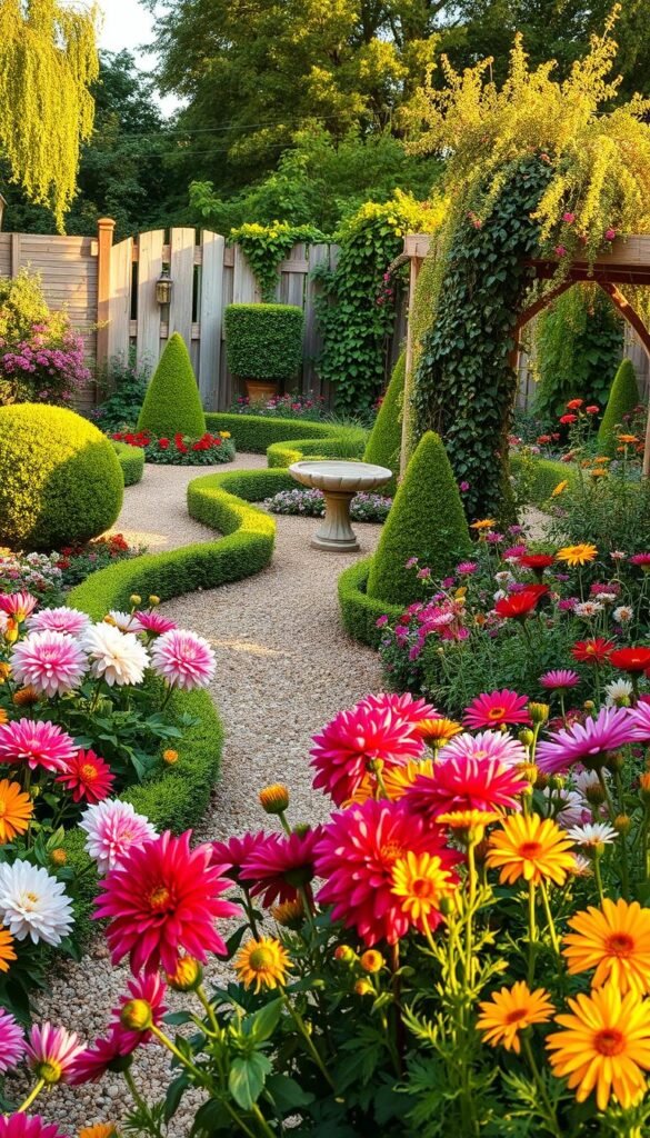 A lush, meticulously curated garden oasis, bathed in warm, golden afternoon light. The foreground showcases an abundant arrangement of vibrant, flourishing blooms - bold dahlias, velvety peonies, and delicate cosmos swaying gently in a soft breeze. The middle ground features a winding gravel path flanked by neatly trimmed hedges and sculpted topiaries, leading the eye towards a charming stone birdbath. In the background, a rustic wooden fence frames the scene, with climbing vines and trailing flowers cascading over the edges, creating a sense of enchanting, overgrown beauty. The overall palette is a harmonious blend of rich, earthy tones and vibrant, jewel-like hues, evoking the quintessential charm of a timeless English cottage garden.