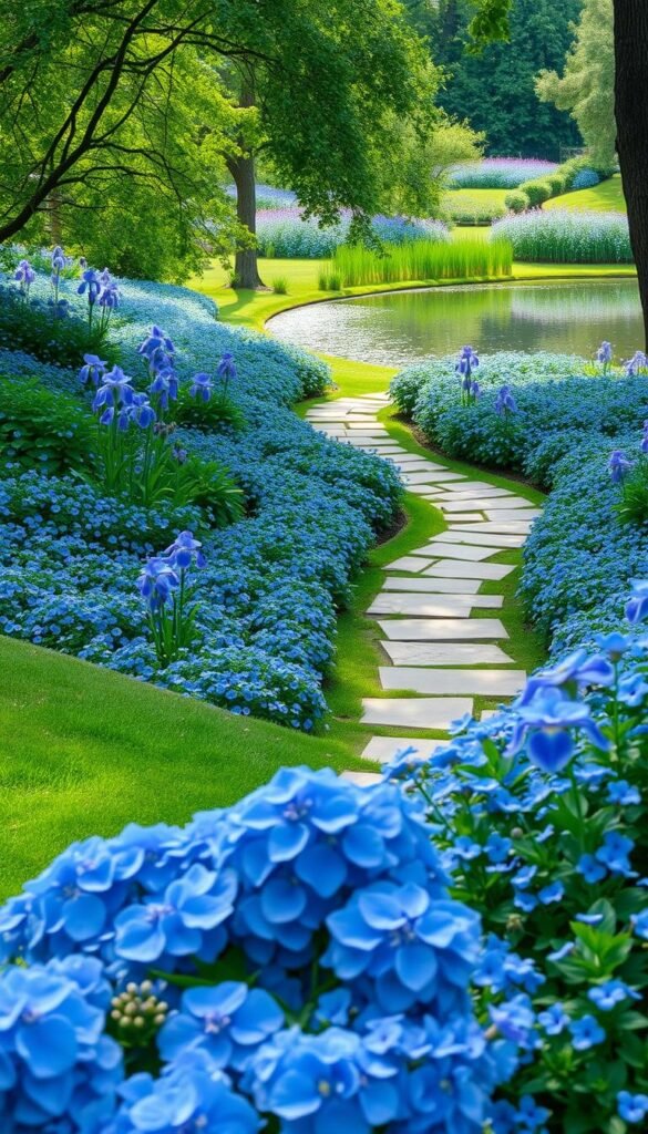 A lush, meticulously designed blue flower garden in soft, natural lighting. In the foreground, a vibrant array of blue hydrangeas, irises, and forget-me-nots cascade across gently rolling hills. The middle ground features a winding stone pathway leading through a verdant oasis of blue-hued perennials, complemented by the dappled shadows of overhanging trees. The background showcases a serene pond or small lake, its glassy surface reflecting the tranquil blue tones of the surrounding flora. The overall scene exudes a sense of calming, cool-toned serenity, inviting the viewer to immerse themselves in this peaceful blue-themed garden paradise.