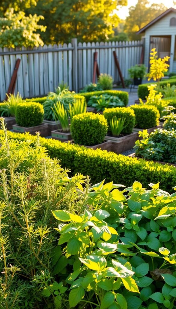 A lush, meticulously designed culinary herb garden, bathed in warm, golden afternoon sunlight. In the foreground, a carefully curated arrangement of fragrant, leafy herbs - rosemary, thyme, oregano, and basil - their vibrant colors and textures creating a visually captivating tapestry. The middle ground features neatly trimmed boxwood hedges framing raised planting beds filled with thriving chives, parsley, and cilantro. In the background, a rustic wooden fence and a glimpse of a charming, weathered garden shed set the scene. The overall composition evokes a sense of serene abundance, inviting the viewer to experience the beauty and utility of a well-planned culinary herb garden.