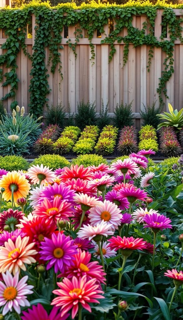 A lush, meticulously designed cutting garden layout. In the foreground, rows of vibrant dahlias and gladioli sway gently in the warm afternoon light, their petals bursting with color. The middle ground features neatly arranged beds of complementary foliage plants, creating a visually striking contrast. In the background, a wooden fence draped with trailing vines frames the scene, adding depth and a sense of enclosure. The lighting is soft and diffused, casting a warm, golden glow over the entire composition. The camera angle is slightly elevated, allowing the viewer to take in the full scope of the layout while highlighting the harmonious interplay of shapes, textures, and hues.