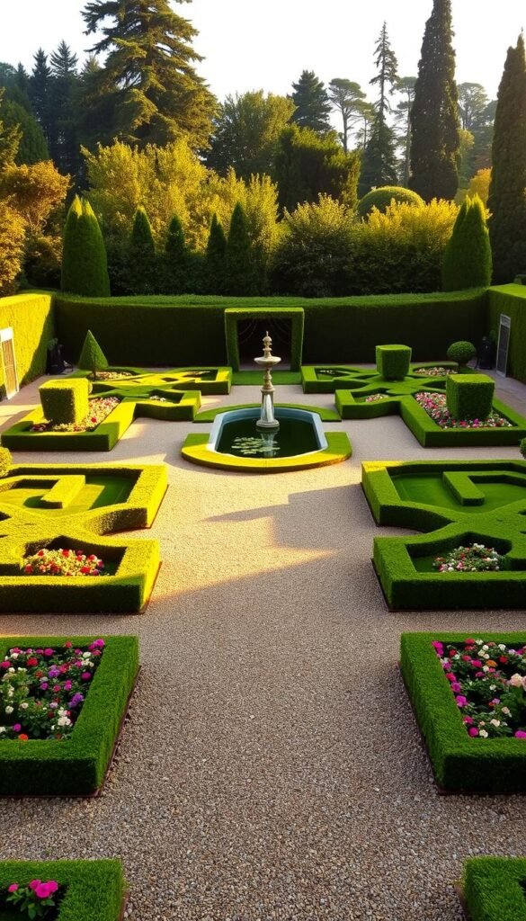 A lush, meticulously designed formal garden, with a central symmetrical layout of meticulously pruned hedges, neatly trimmed lawns, and a tranquil reflection pool. The scene is bathed in warm, golden afternoon light, creating soft shadows and highlighting the geometric patterns. In the foreground, a series of precisely positioned garden beds with vibrant, colorful flowers frame the central axis. The middle ground features a network of gravel paths that lead the eye towards the focal point - a striking, ornamental fountain or statue. The background is defined by a backdrop of stately trees and tall, clipped shrubs, creating a sense of enclosure and balance. An overall atmosphere of order, harmony, and traditional elegance pervades the scene.