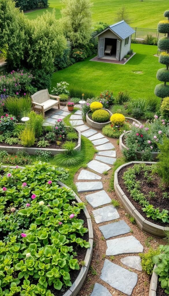 A lush, meticulously designed garden layout, showcasing a harmonious arrangement of functional spaces. In the foreground, a vibrant vegetable patch with neatly organized raised beds, intertwined with a winding path of natural stone. The middle ground features a tranquil seating area, surrounded by a diverse array of flowering plants and shrubs, their petals dancing in the soft, natural light. In the background, a verdant lawn leads the eye towards a charming garden shed, its wooden structure complementing the overall rustic aesthetic. The scene exudes a sense of balance, productivity, and serene contemplation, inspiring the viewer to envision their own welcoming garden oasis.
