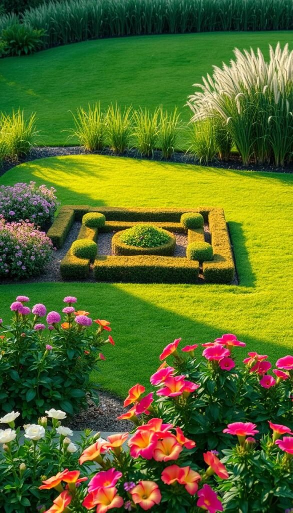A lush, meticulously designed garden showcasing a harmonious plant zoning layout. In the foreground, a neatly manicured flower bed bursts with vibrant blooms in complementary hues. The midground features a geometric arrangement of neatly trimmed shrubs and small trees, creating distinct zones for different plant varieties. In the background, a verdant lawn gently slopes upward, framed by tall, swaying grasses that add depth and texture. Warm, soft lighting illuminates the scene, casting a serene, inviting atmosphere. The overall composition emphasizes the intentional organization of the outdoor space, seamlessly blending functional zones with visually striking aesthetics.