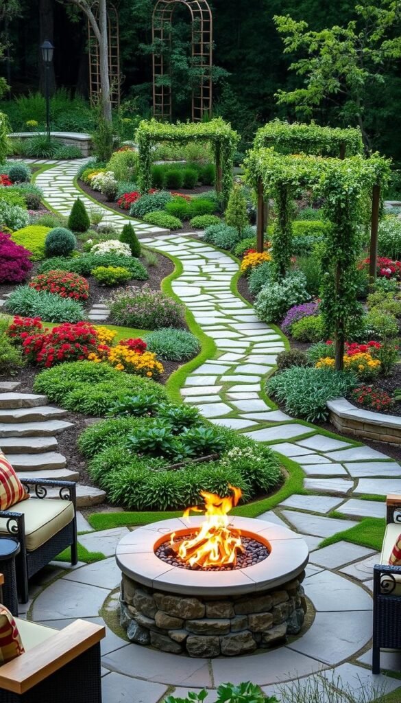 A lush, meticulously designed garden with winding stone pathways meandering through vibrant floral beds and verdant foliage. In the foreground, a stylish fire pit made of natural stone sits invitingly, its warm glow casting a cozy ambiance over the scene. Surrounding the fire pit, comfortable seating arrangements create an intimate gathering space. The middle ground features a mix of perennials, shrubs, and ornamental trees, expertly curated to provide depth, texture, and seasonal interest. In the background, a series of trellises or pergolas adorned with climbing vines add vertical elements, framing the composition. Soft, diffused lighting illuminates the space, creating a serene and inviting atmosphere perfect for relaxation and entertaining.