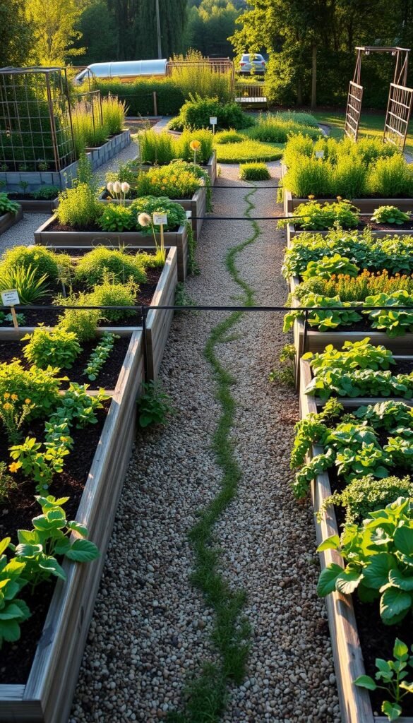 A lush, meticulously designed raised garden bed, bathed in warm, golden afternoon sunlight. The sturdy, wooden frame supports a vibrant array of thriving vegetables, herbs, and flowers, each meticulously arranged in symmetrical rows. The soil, rich and dark, is neatly tilled, with a subtle texture that invites the touch. Winding pathways of pebbles or stepping stones lead the viewer through the scene, offering a glimpse of other beds in the distance. The overall composition is one of order, productivity, and a harmonious blend of nature and human ingenuity, creating an inviting and visually appealing landscape.