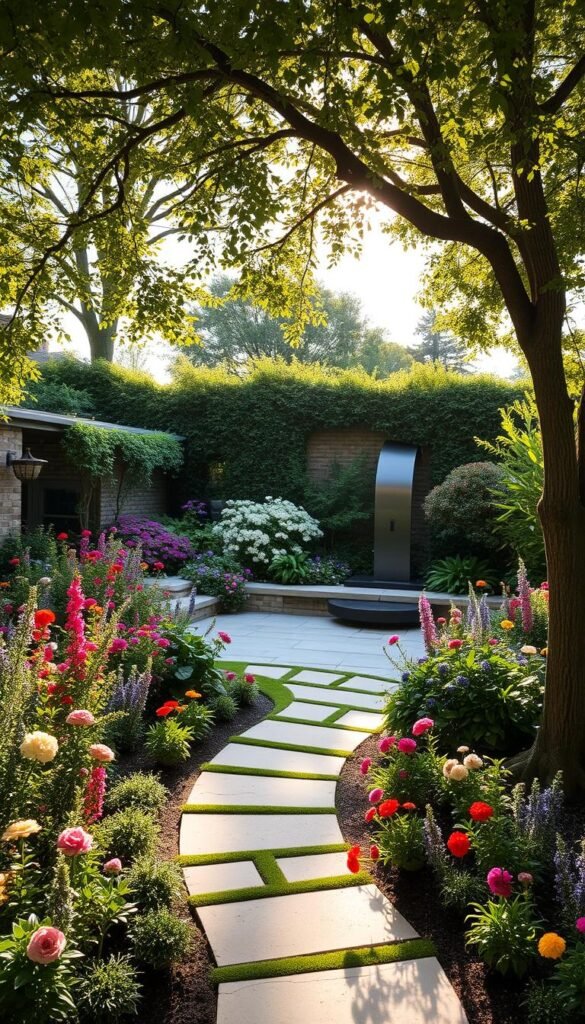 A lush, meticulously manicured English cottage garden, filled with a vibrant tapestry of colorful blooms, nestled against a backdrop of a modern, minimalist stone patio and sleek steel water feature. Delicate winding paths lead visitors through this harmonious blend of traditional and contemporary elements, creating a serene and enchanting atmosphere. Dappled sunlight filters through the canopy of mature trees, casting a warm, golden glow over the scene. Textural contrasts abound, from the soft, billowing foliage to the crisp, angular hardscaping, seamlessly integrated to form a cohesive and visually captivating whole.