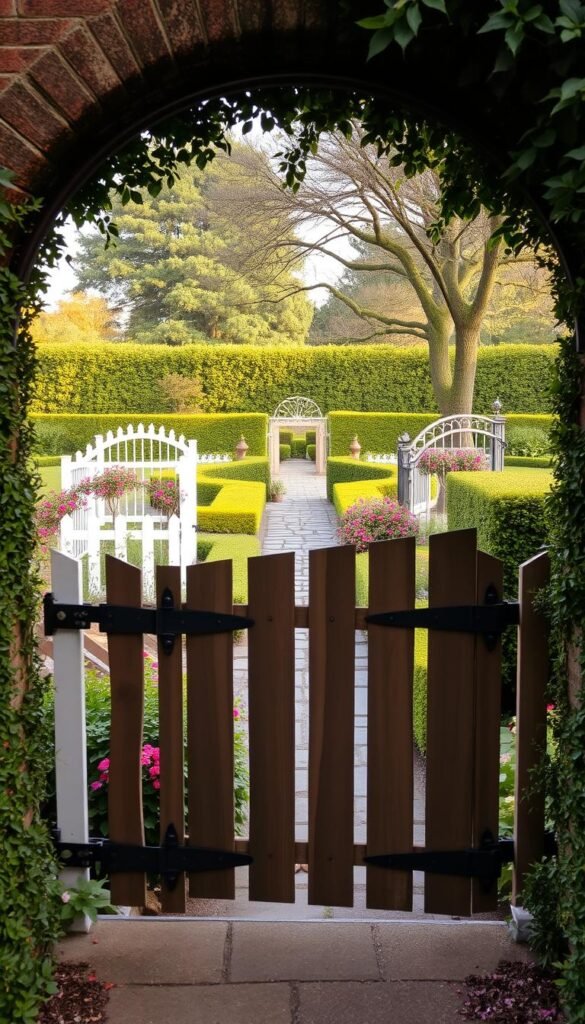 A lush, meticulously manicured garden, its boundaries defined by an elegant array of garden gates. In the foreground, a wrought-iron arch frames an intricately detailed wooden gate, its sturdy hinges and latches hinting at both form and function. Behind it, a variety of gate styles unfold - from quaint picket fences to ornate wrought-iron designs, each uniquely suited to their purpose, be it entryway, boundary marker, or decorative focal point. The mid-ground features a mix of natural and architectural elements, with stone pathways winding through vibrant flowerbeds and trailing vines cascading over sturdy trellises. In the distance, the background showcases a harmonious blend of mature trees and hedges, casting a warm, inviting glow over the entire scene. Warm, diffused lighting casts subtle shadows, highlighting the intricate textures and craftsmanship of the garden gates.